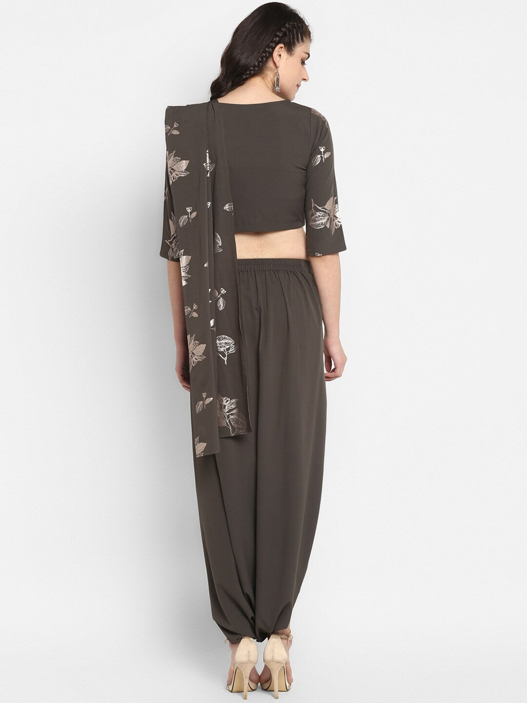 Janasya Women Grey & Silver Floral Print Top with Dhoti Pants & Dupatta