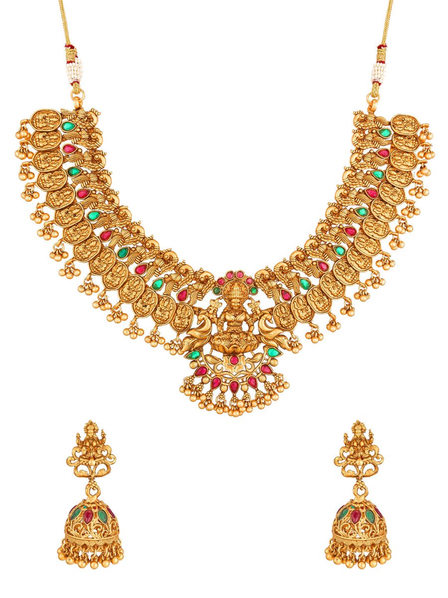 Aadita Gold-Toned Red & Green Stone-Studded Temple Jewelry Set - Grab2buy