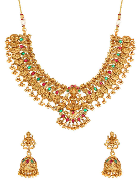 Aadita Gold-Toned Red & Green Stone-Studded Temple Jewelry Set - Grab2buy