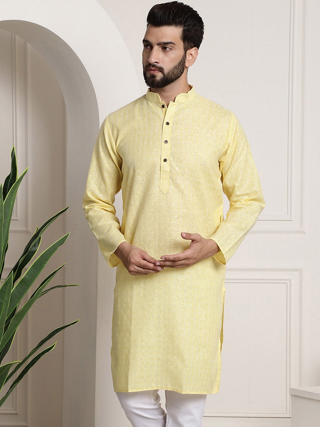Sojanya Men Yellow Dobby Self-Checked Straight Kurta 