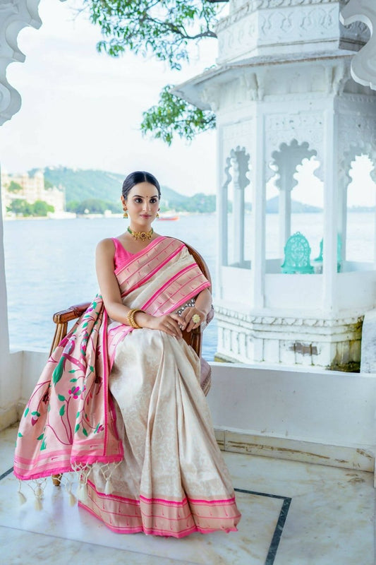 Aastha Fashion Off White Woven Kanjivaram Silk Saree with Blouse - Grab2buy