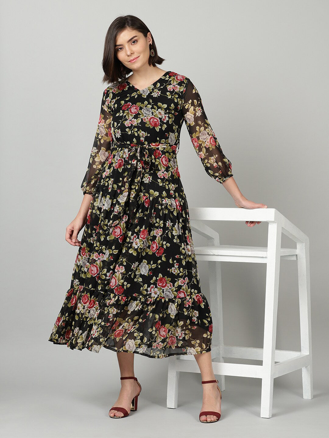 Souchii Black & Pink Floral Chiffon Midi Dress 