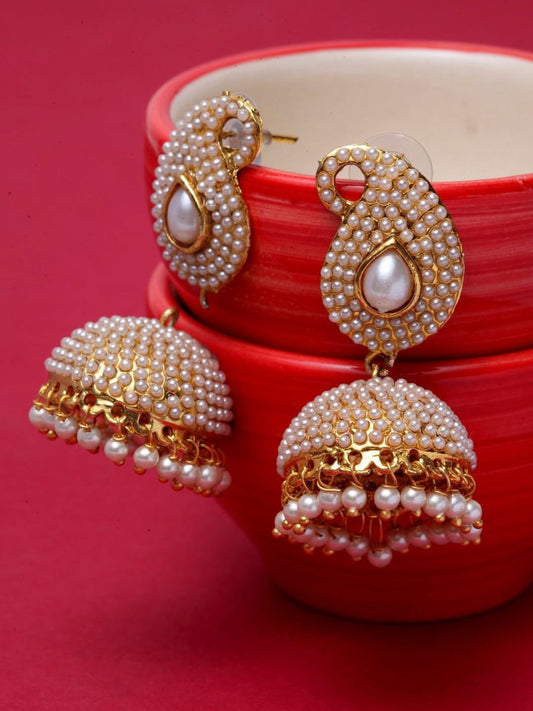 Anikas Creation Off-White & Gold-Polished Contemporary Jhumkas  Grab2Buy Anikas Creation Grab2Buy