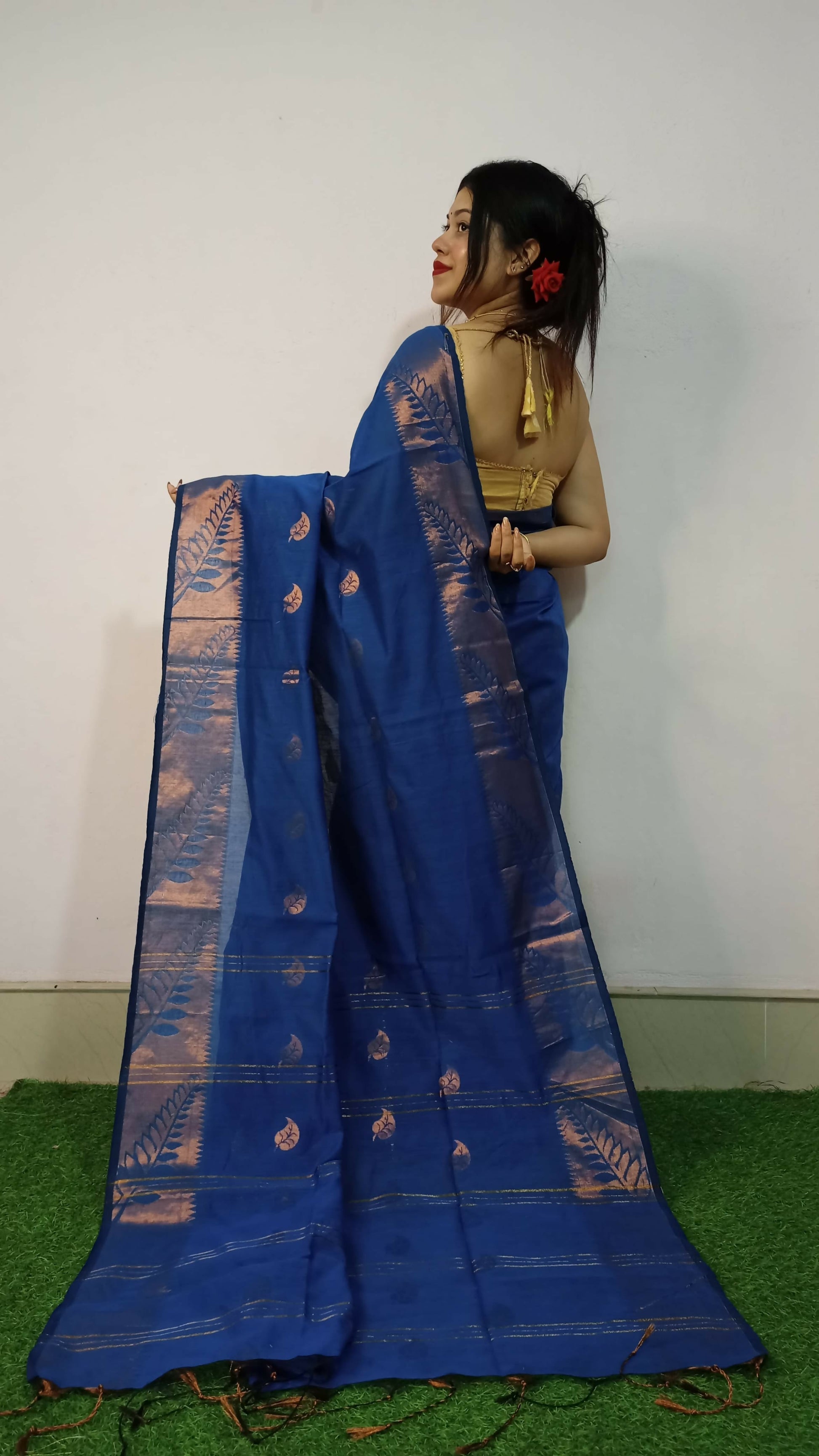Exclusive Collection Beautiful Purssion Blue Cotton Silk Woven Handloom Grab2Buy With Running Blouse Piece 