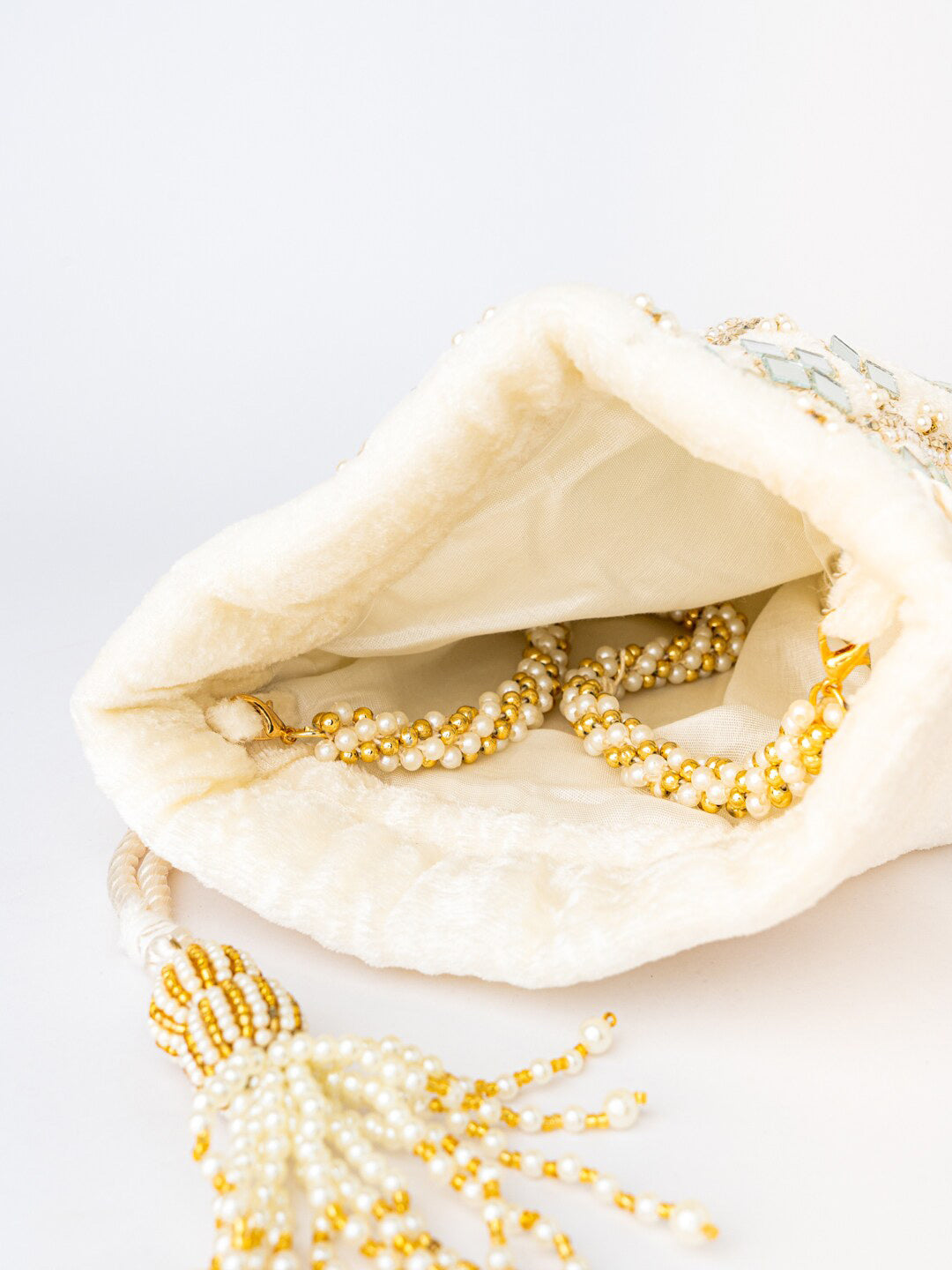 NR By Nidhi Rathi White Mirror Work Embroidered Potli Clutch - Grab2buy