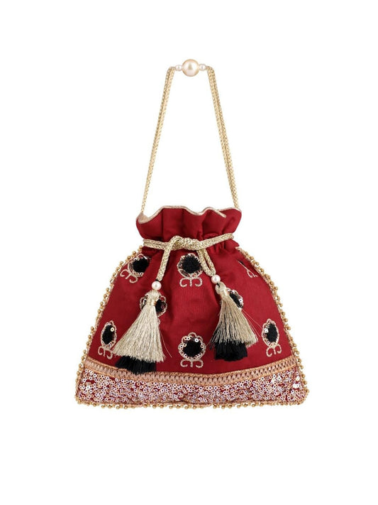 Masq Red & Black Embellished Embroidered Potli Clutch - Grab2buy