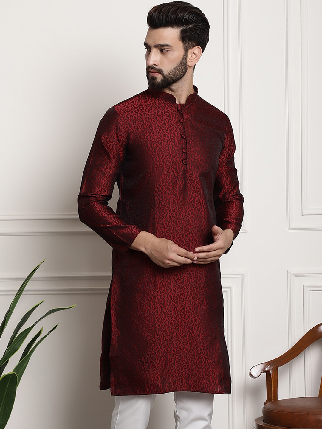 Sojanya Men Maroon Printed Straight Kurta 