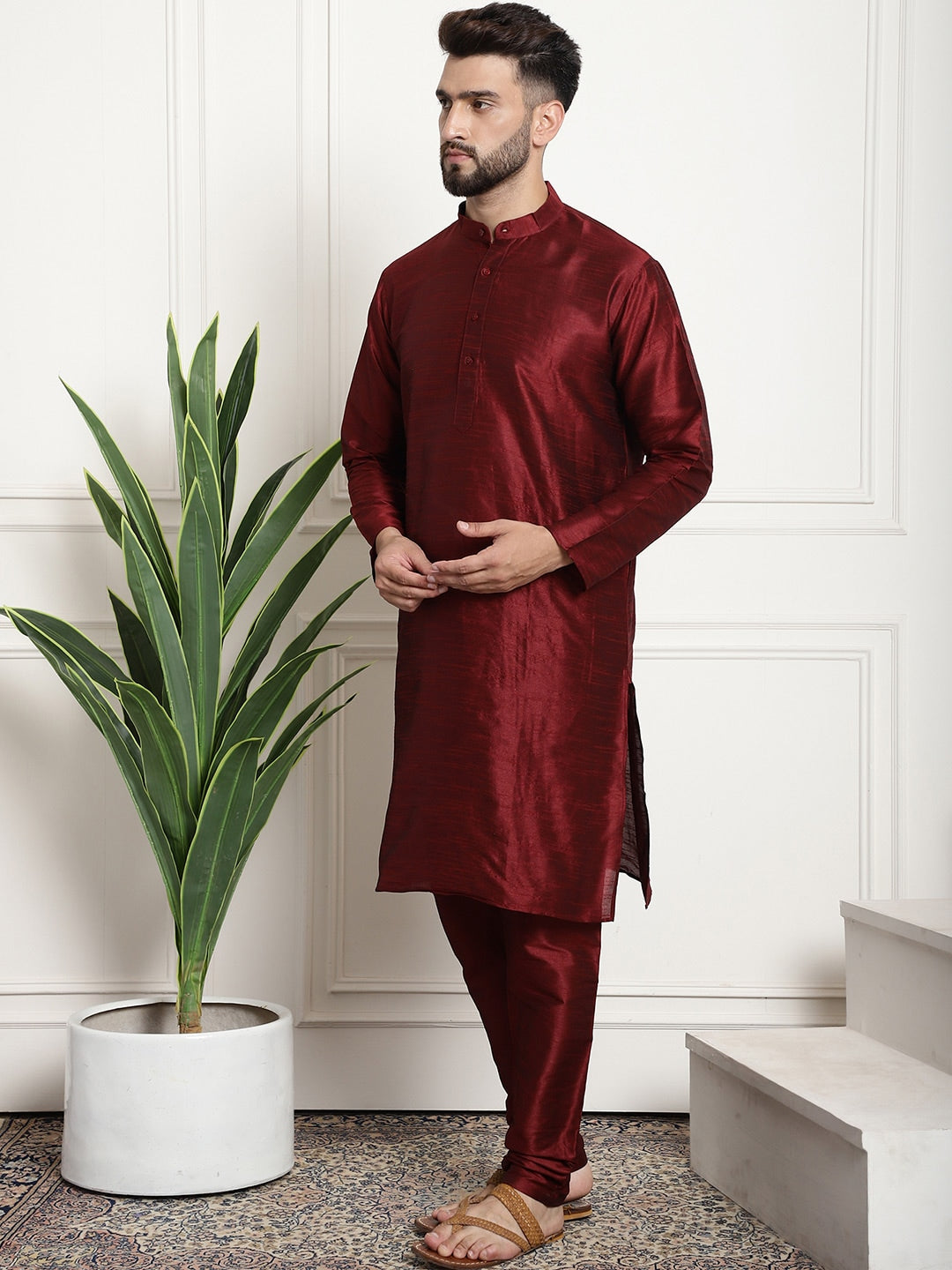 Sojanya Men Maroon & Beige Solid Kurta with Churidar & Printed Nehru Jacket 