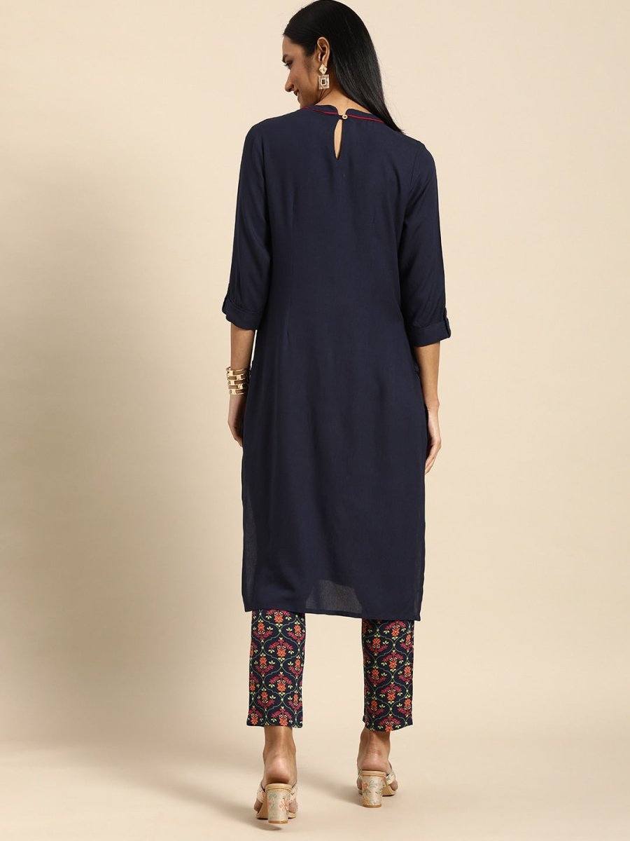All About You Women Navy Blue Floral Embroidered Regular Thread Work Kurta with Trousers
