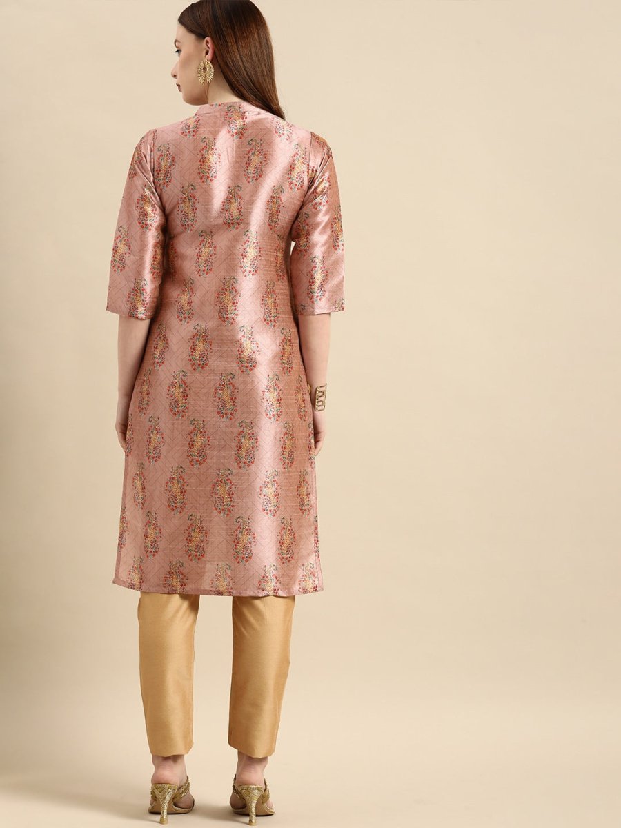 All About You Women Pink Paisley Print Mandarin Collar Pastels Chanderi Silk Blend Kurta