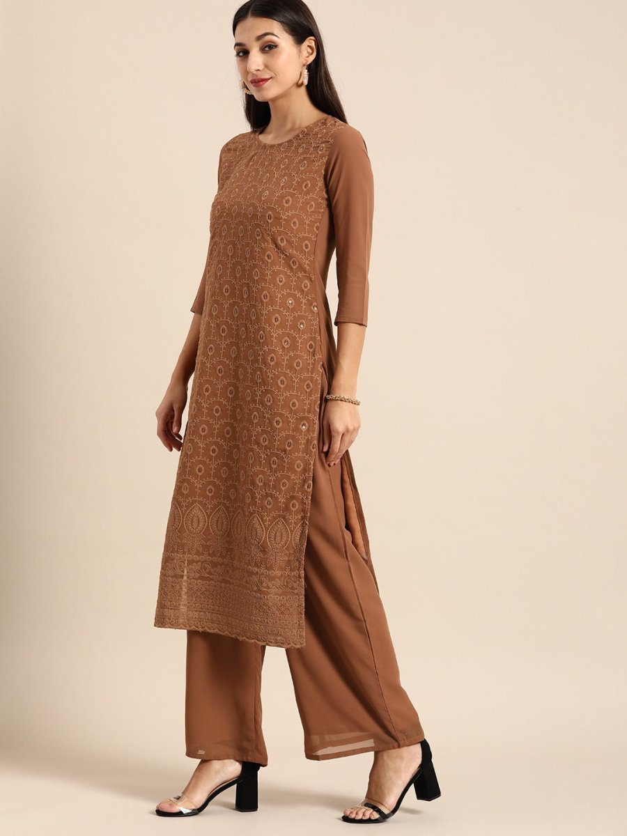 All About You Women Brown Ethnic Motifs Embroidered Chikankari Kurta with Palazzos 