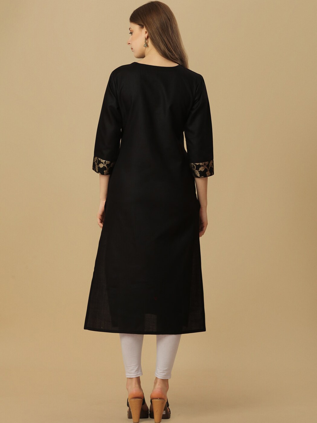 HERE&NOW Black & Gold Square Neck Yoke Design Cotton Kurta