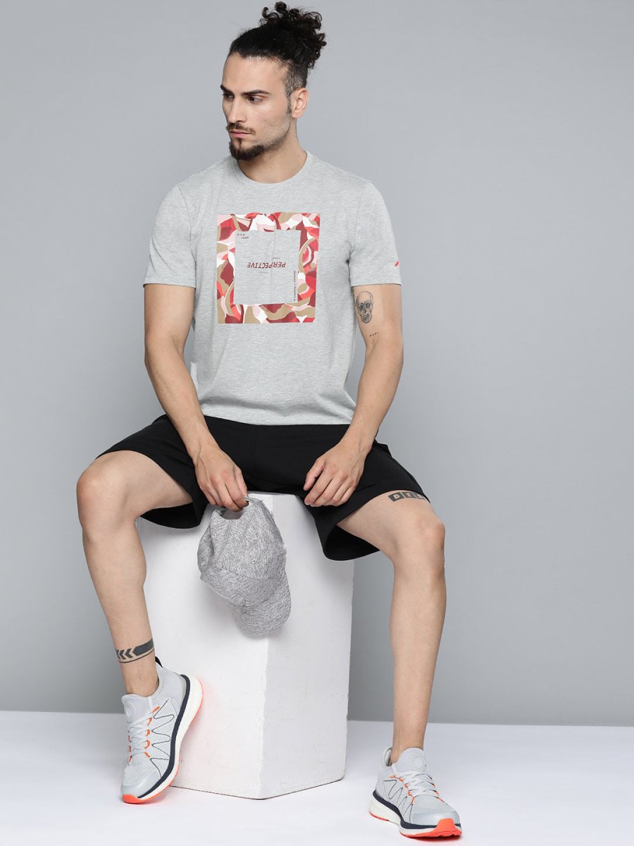 Alcis Men Grey Melange Typography Printed Slim Fit Gym T-shirt 