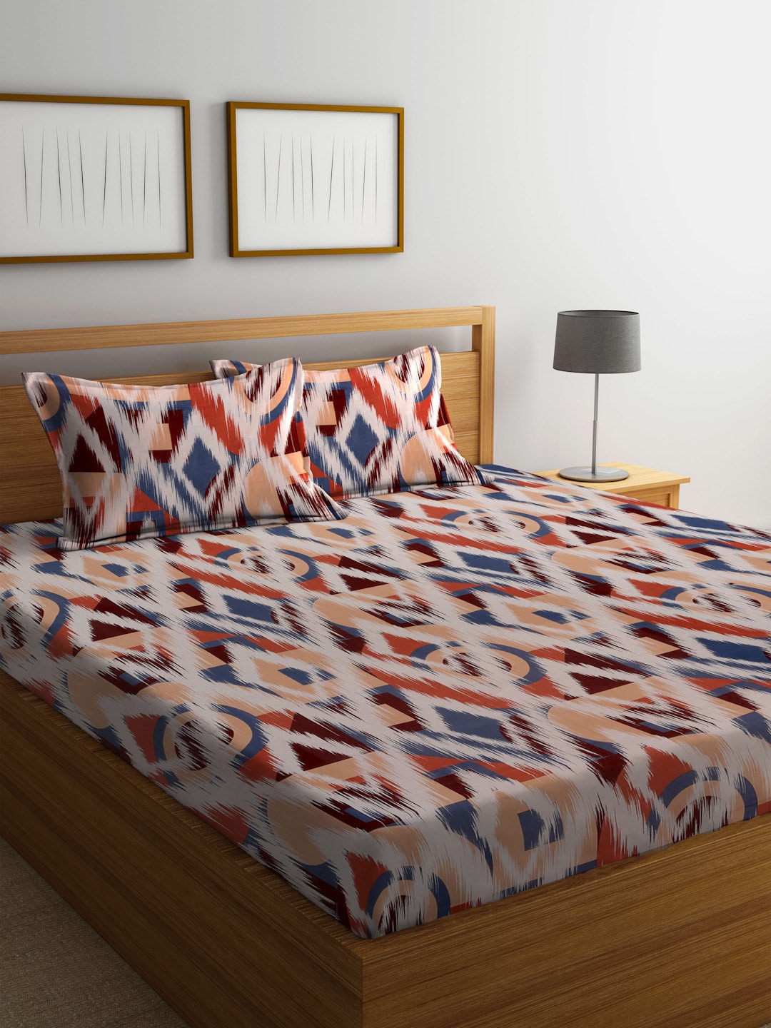 BOMBAY DYEING Marigold Brown Geometric Cotton 104 TC King Bedsheet & 2 Pillow Covers | Grab2Buy