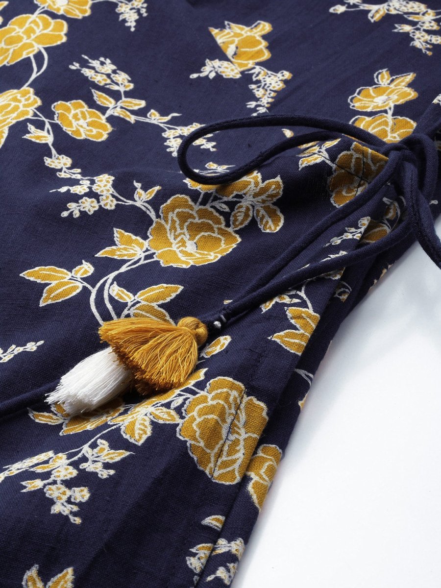 All About You Women Navy Blue Floral Printed Angrakha Pure Cotton Kurta with Trousers