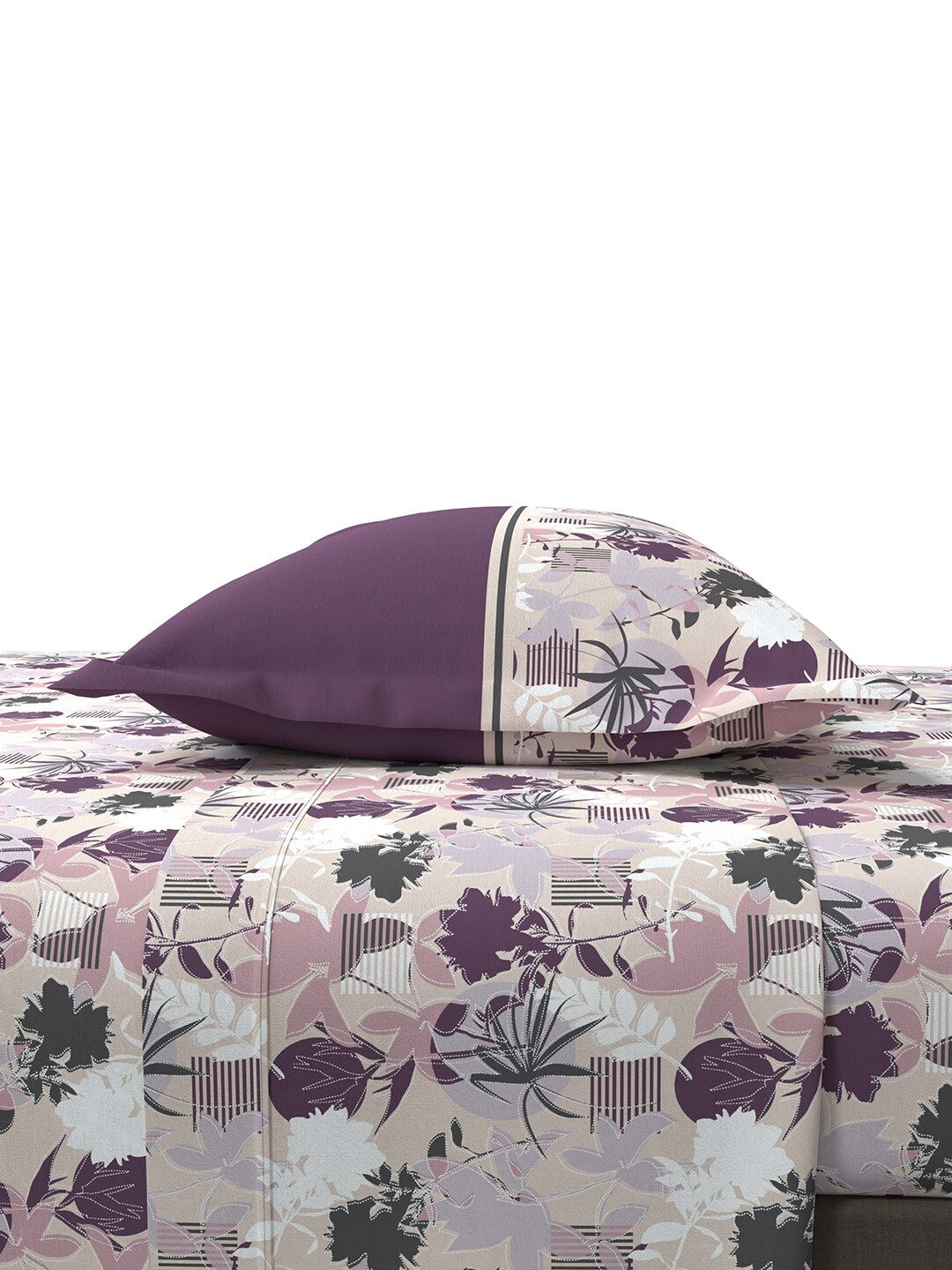 MYTRIDENT Mauve White Floral Cotton 144 TC Queen Bedsheet With 2 Pillow Covers 