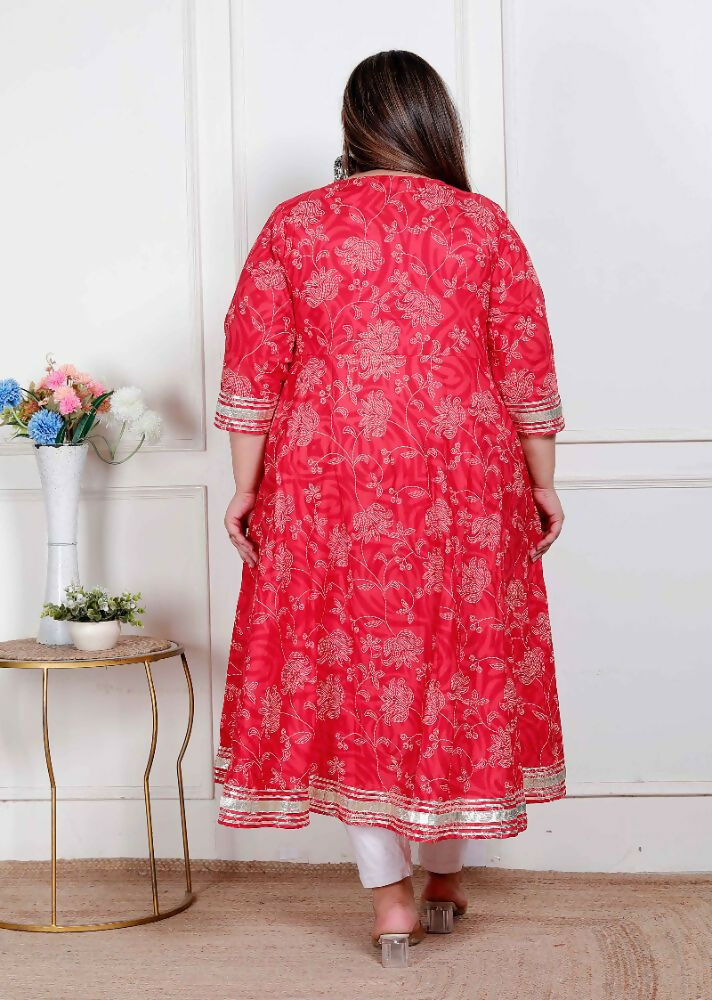 Miravan Plus Size Women'S Red Jaipuri Printed Cotton Ethnic Anarkali Kurta