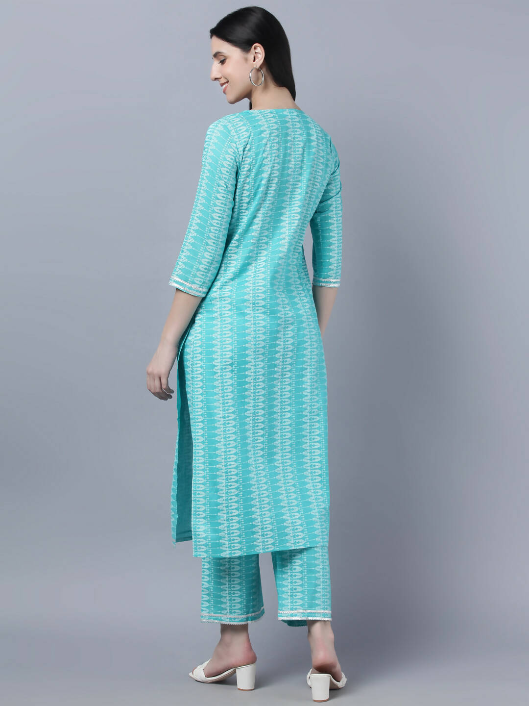 Myshka Women Turquoise Blue Layered Pure Cotton Kurti with Trousers With Dupatta Set