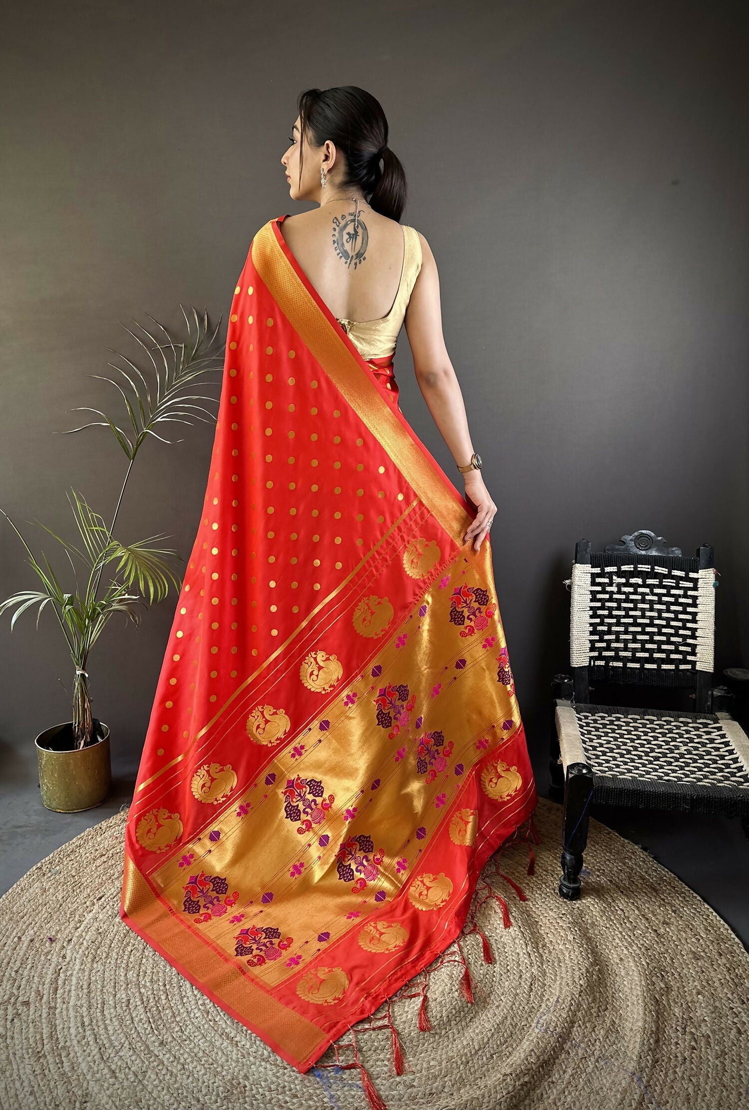 Joban Fashion Red Polka Dot Lichi Silk Paithani Silk Saree