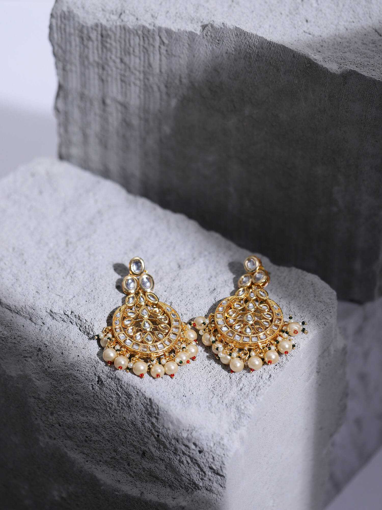 Gold-Toned White Kundan Contemporary Gold-Plated Chandbalis Earrings - Ruby Raang - Grab2buy