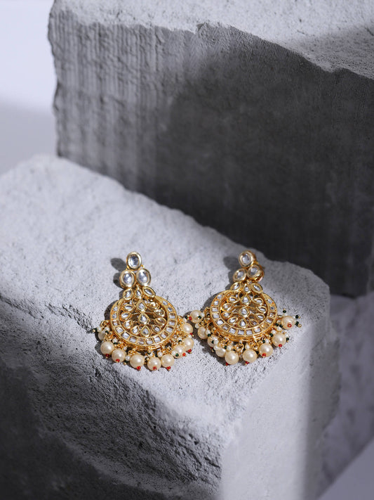 Gold-Toned White Kundan Contemporary Gold-Plated Chandbalis Earrings - Ruby Raang - Grab2buy