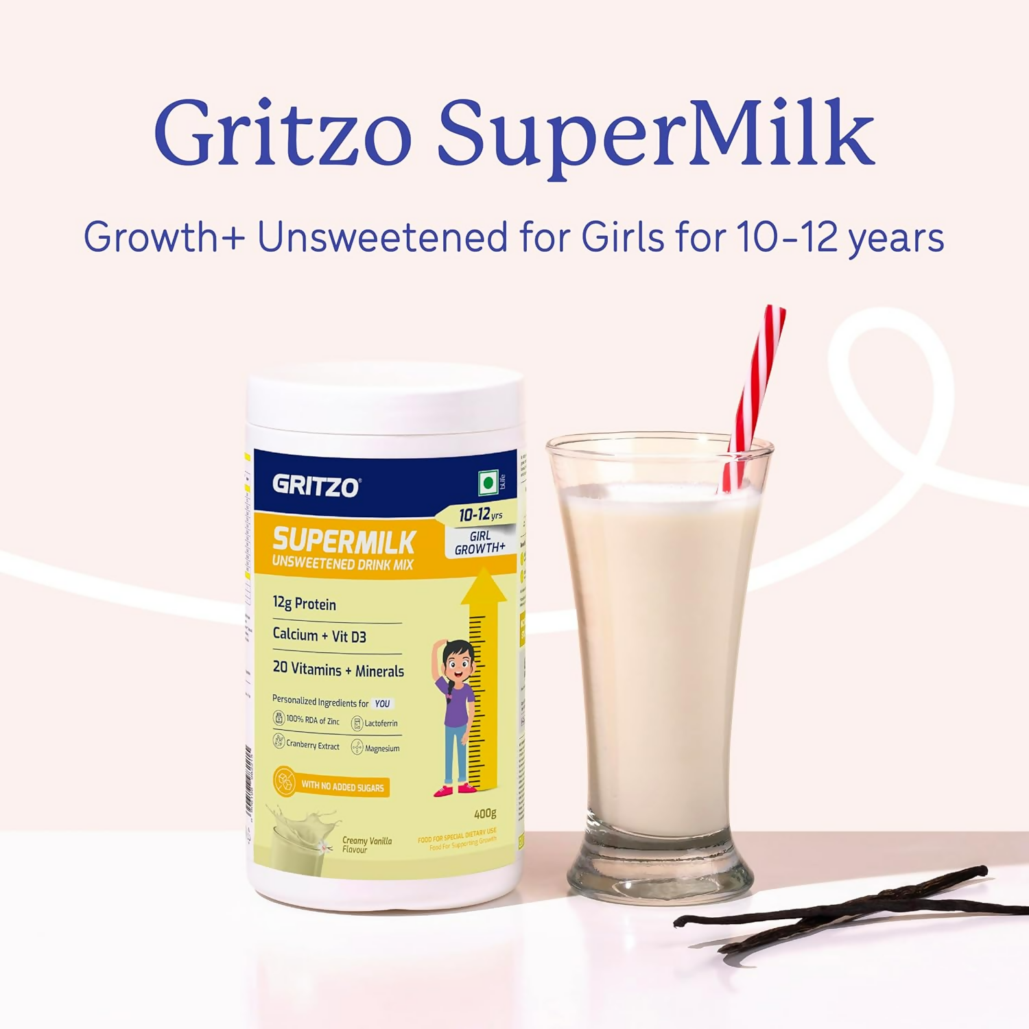 Gritzo SuperMilk Growth+ (Formerly Height+) Unsweetened Drink Mix (10-12y Girls) 12g Protein Powder - Creamy Vanilla