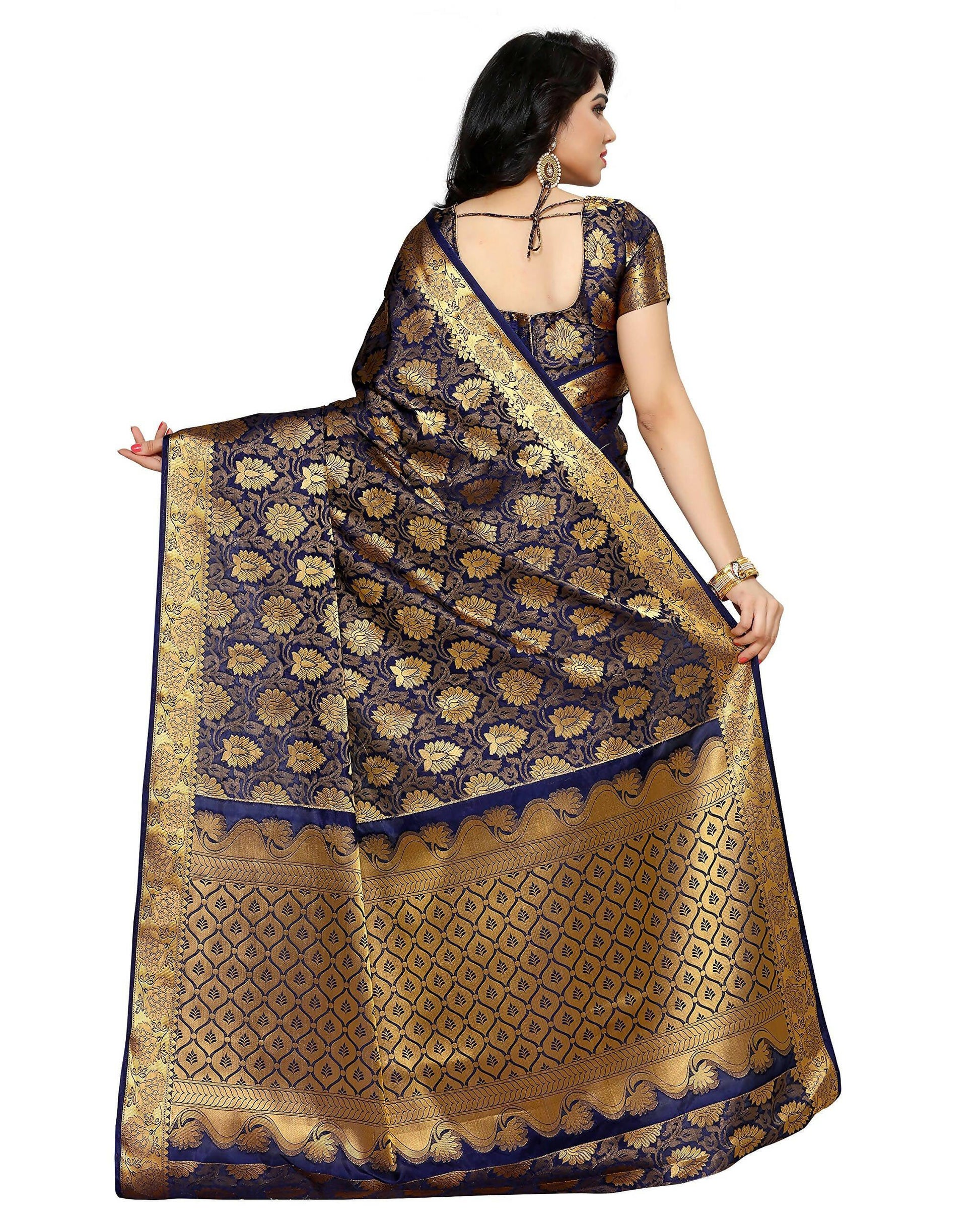 Mimosa Women's Kanchipuram Silk Navy Blue Saree
