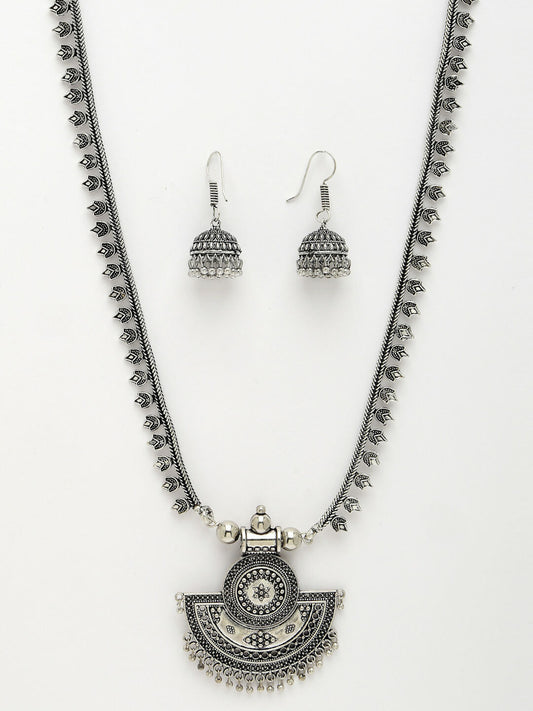 NVR Women's Silver-Toned German Silver Oxidised Necklace with Jhumka Earrings - Grab2buy