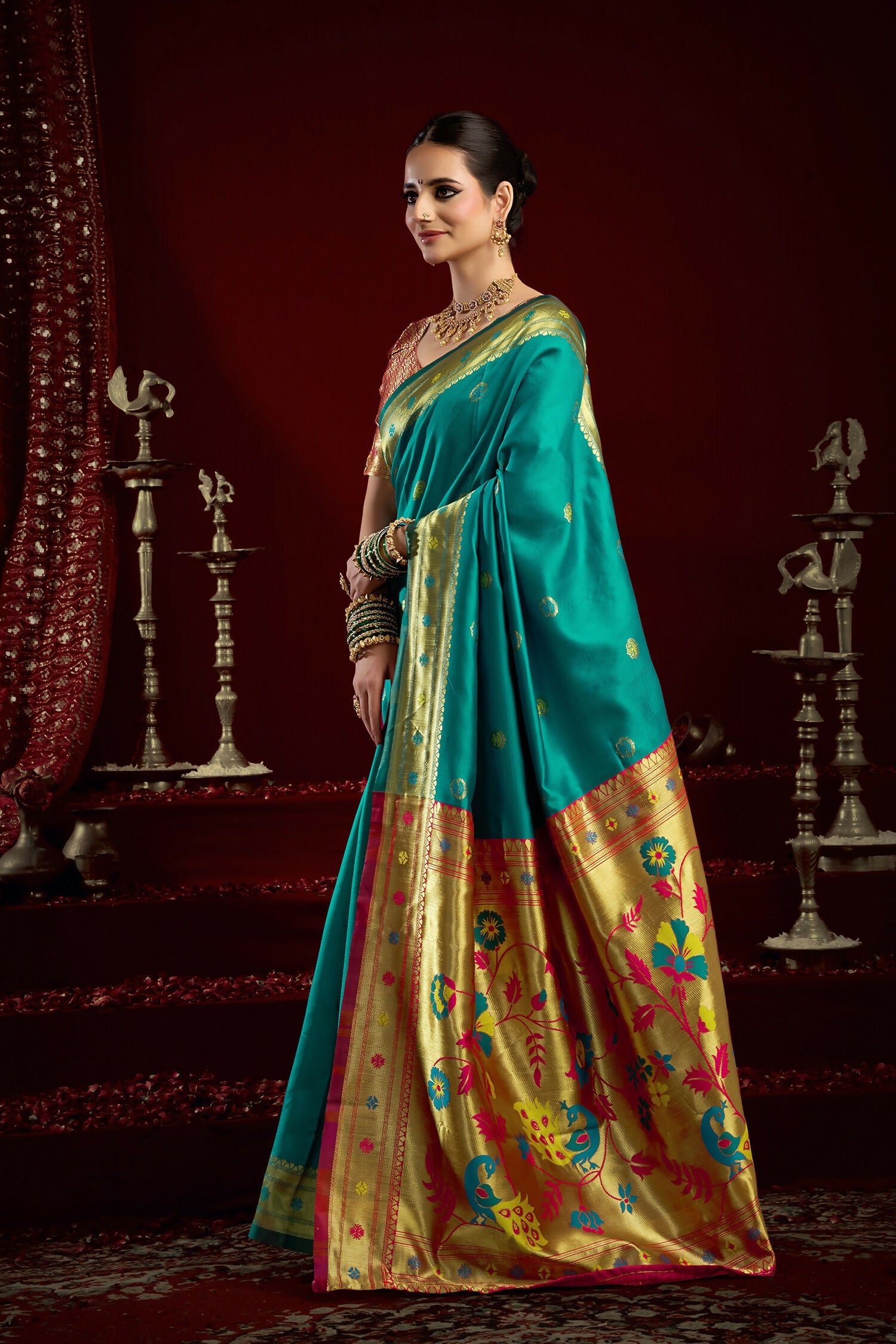 Joban Fashion Aqua Blue Paithani Silk Blend Butti Saree