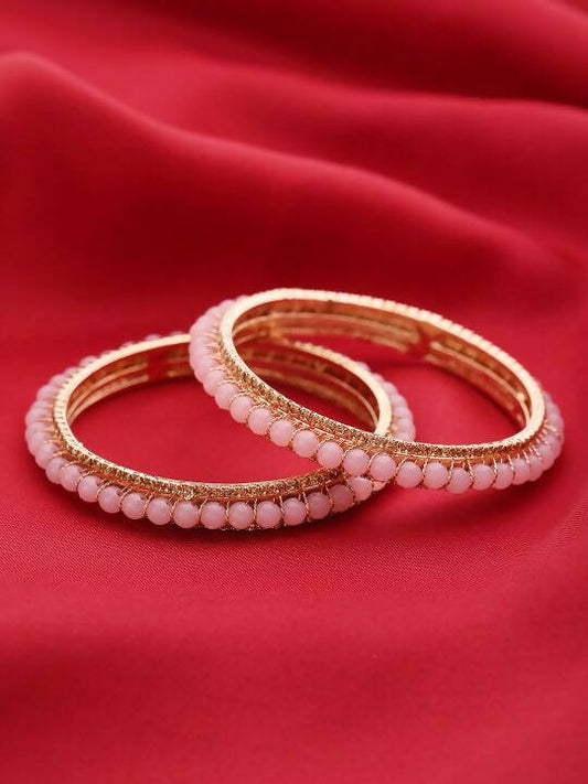 Priyaasi Women Set Of 2 Gold-Polished Stones Studded and Pink Beaded Bangles | Grab2Buy