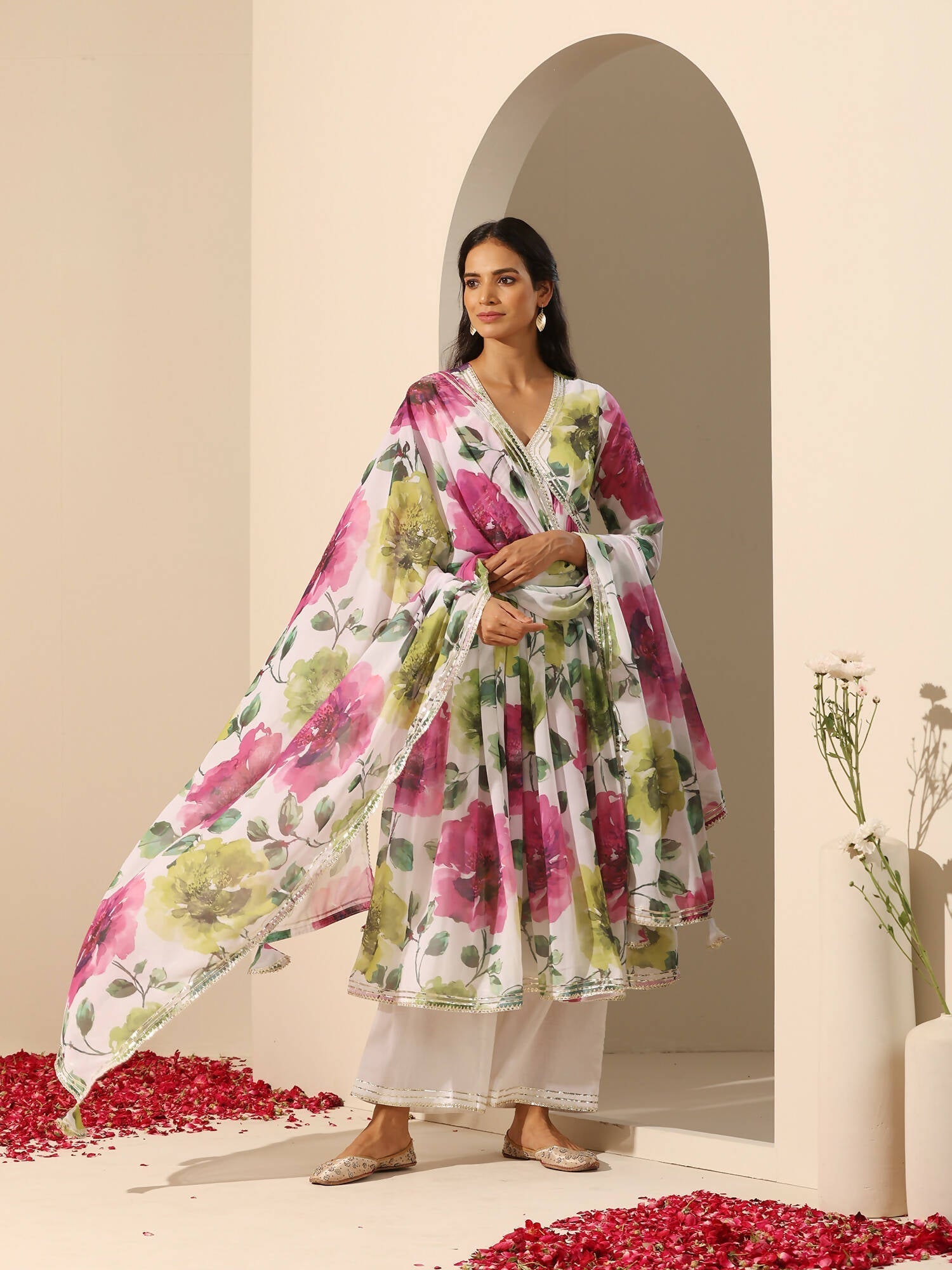 Pomcha Jaipur White Gul Gulistan Anarkali Set 