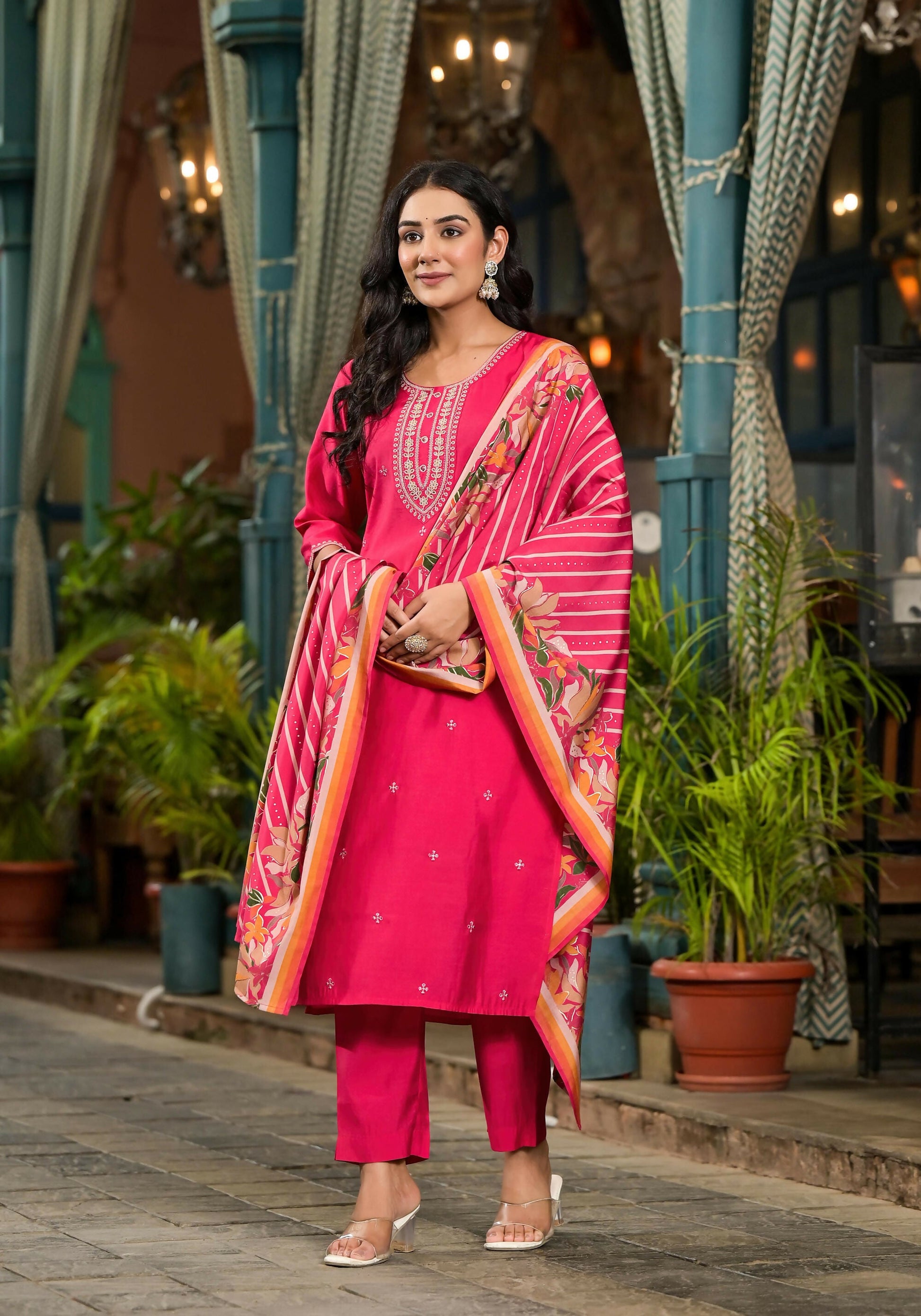 Juniper Women's Fuchsia Floral Printed Viscose Kurta Pant And Dupatta Set With Zari Work