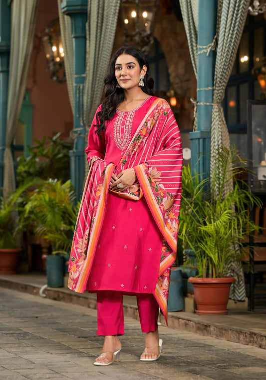 Juniper Women's Fuchsia Floral Printed Viscose Kurta Pant And Dupatta Set With Zari Work
