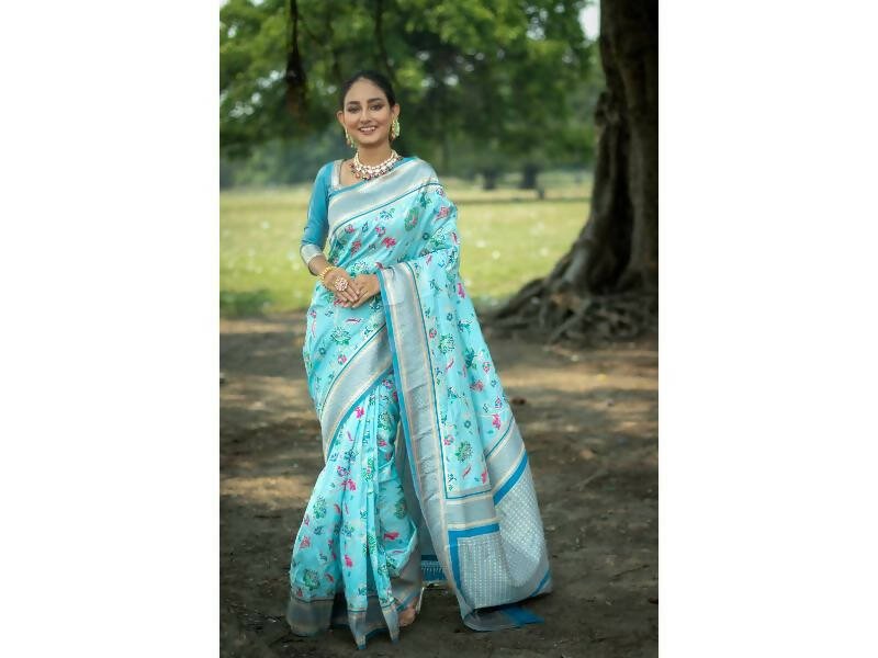 Aastha Fashion Women's Firozi Banarasi Silk Meenakari Zari Woven Saree with Blouse - Grab2buy