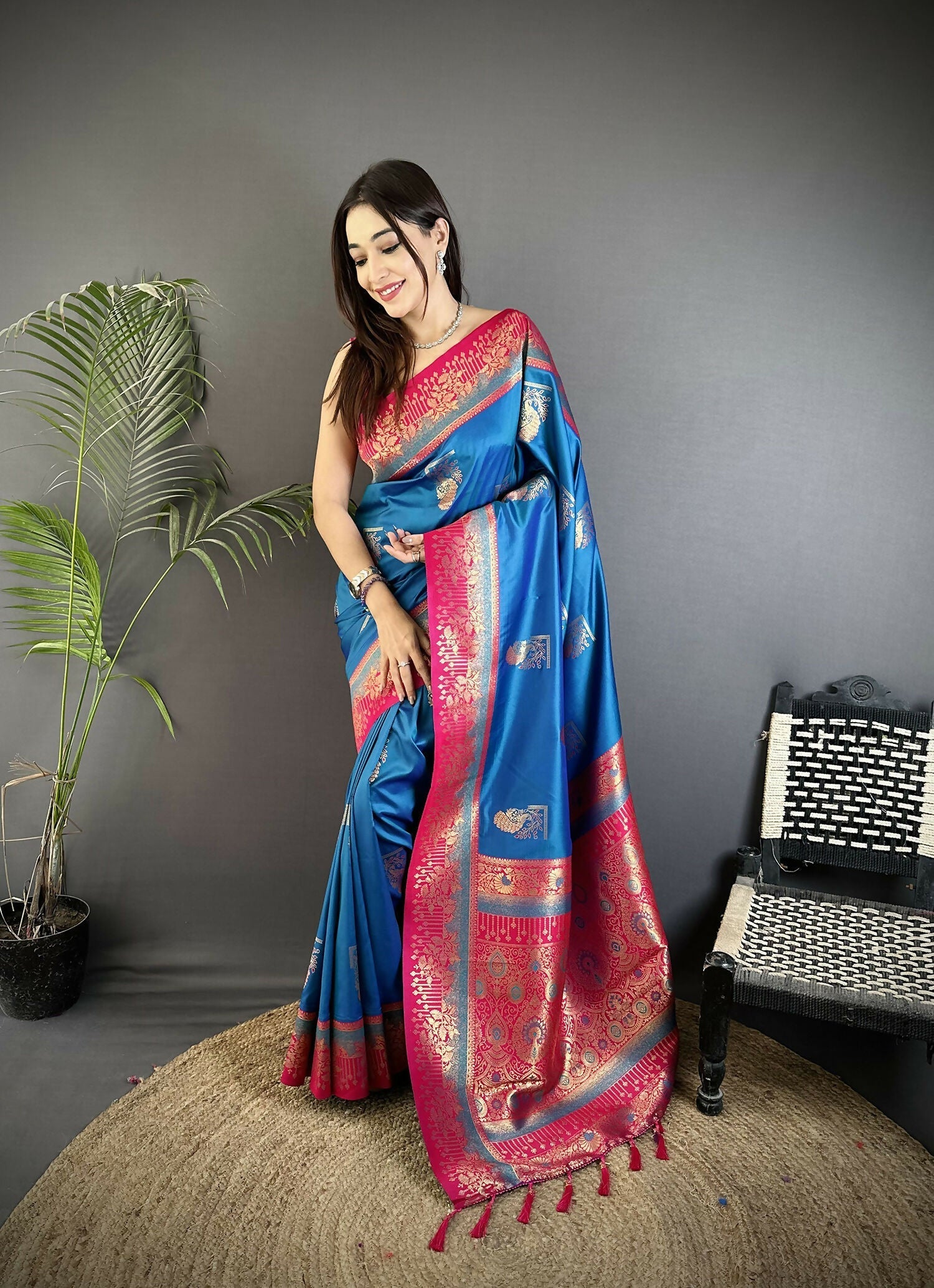 Joban Fashion Royal Blue Banarasi Soft Silk Peacock Butta Work Saree | Swadesiicart