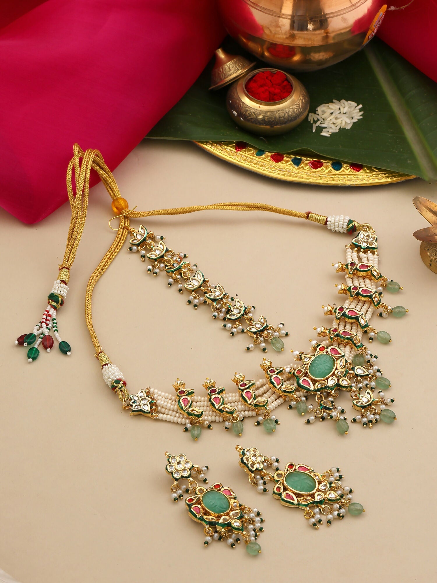 Ruby Raang Rajkumari Necklace With Earrings And Maang Tikka