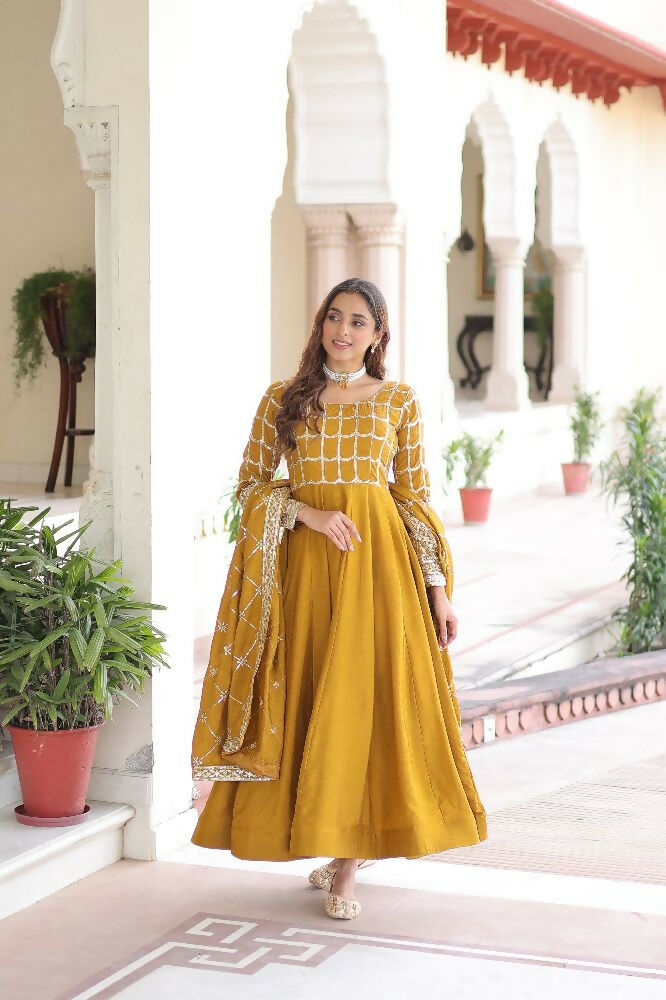 Joban Fashion Yellow Kurta Set Silk Sequins , Zari, Coding & Thread Embroidered work
