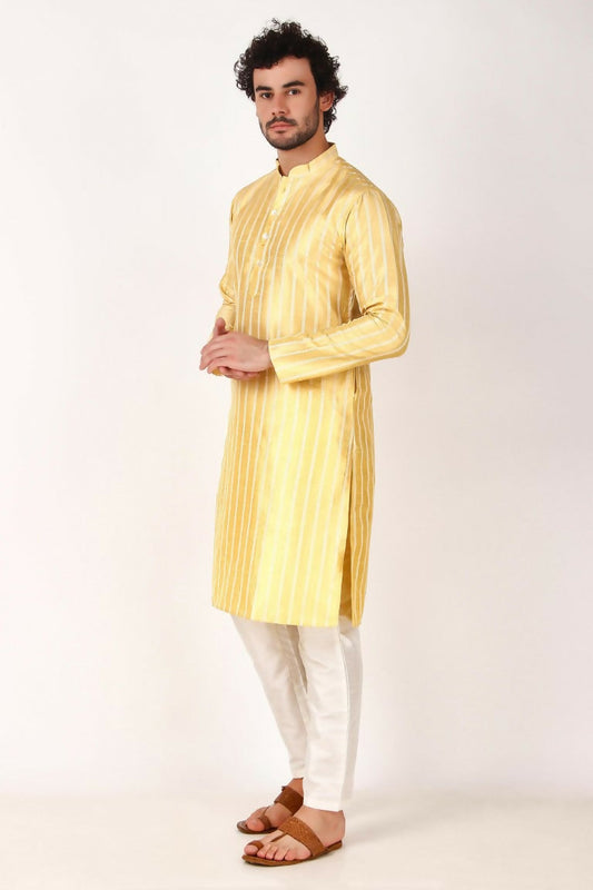 Lemon Art Silk Woven Designer Men's Rajwadi Kurta Set - Mahotsav
