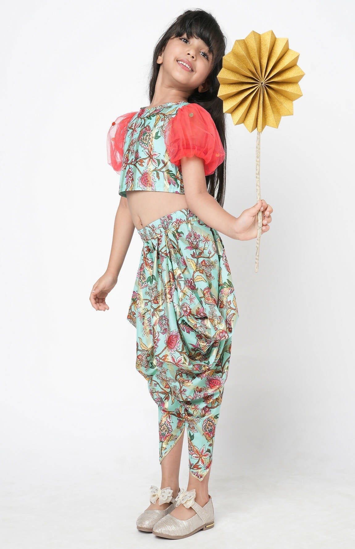 Lil Drama Golden Weaves Blue Crop Top With Dhoti Co-Ordinate Set 
