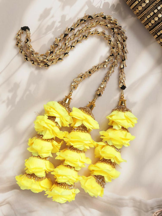 Ruby Raang Gold Gota Pati Work And Yellow Rosses With Black Thread & Golden Stones