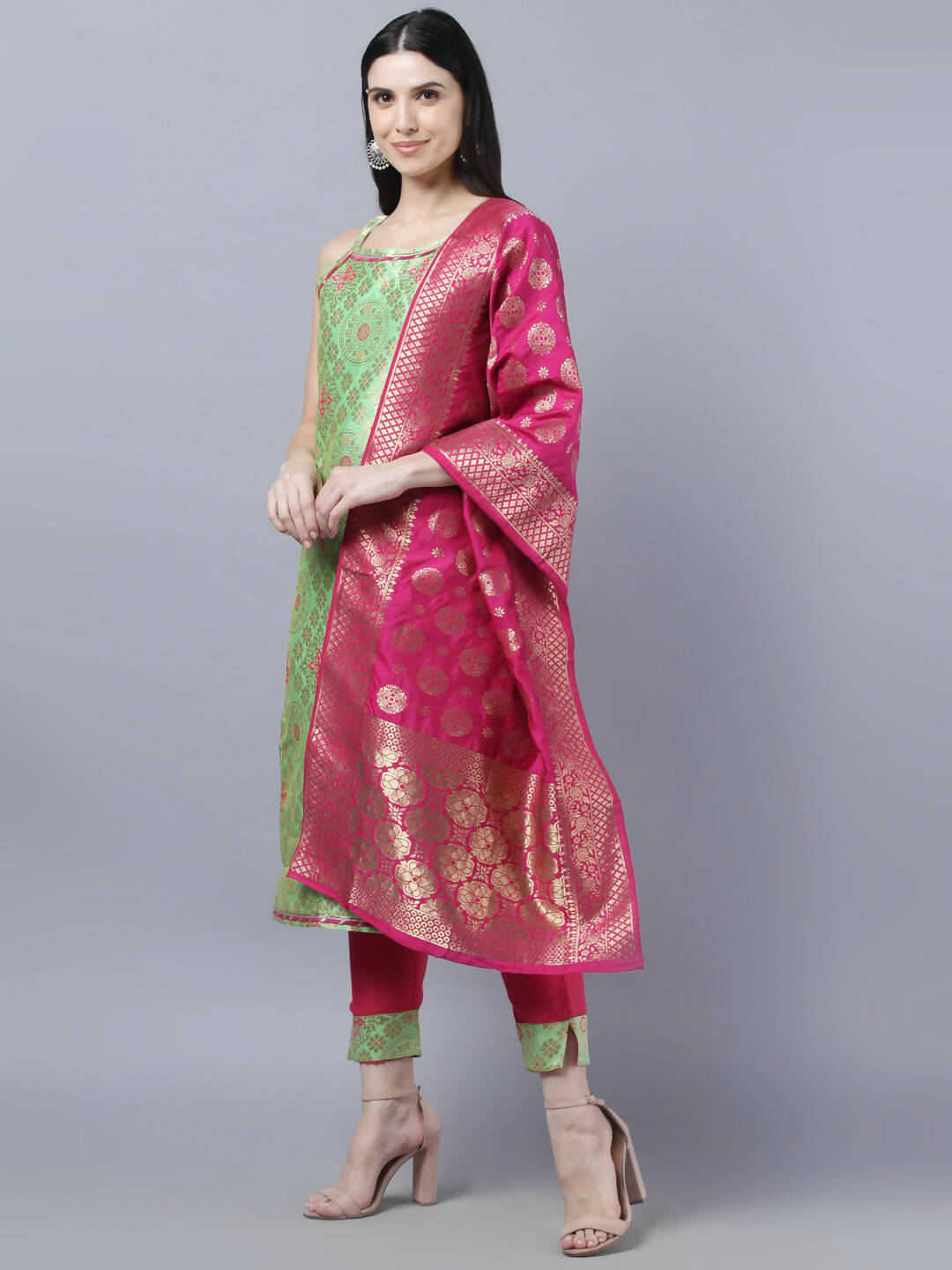 Myshka Women Green Ethnic Motifs Gotta Patti Kurta with Trousers With Dupatta Set