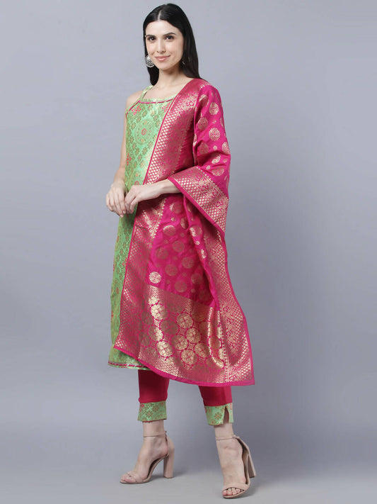 Myshka Women Green Ethnic Motifs Gotta Patti Kurta with Trousers With Dupatta Set
