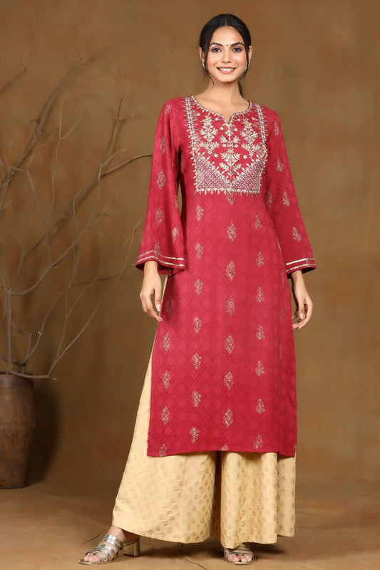 Juniper Wine Rayon Embroidered Straight Kurta