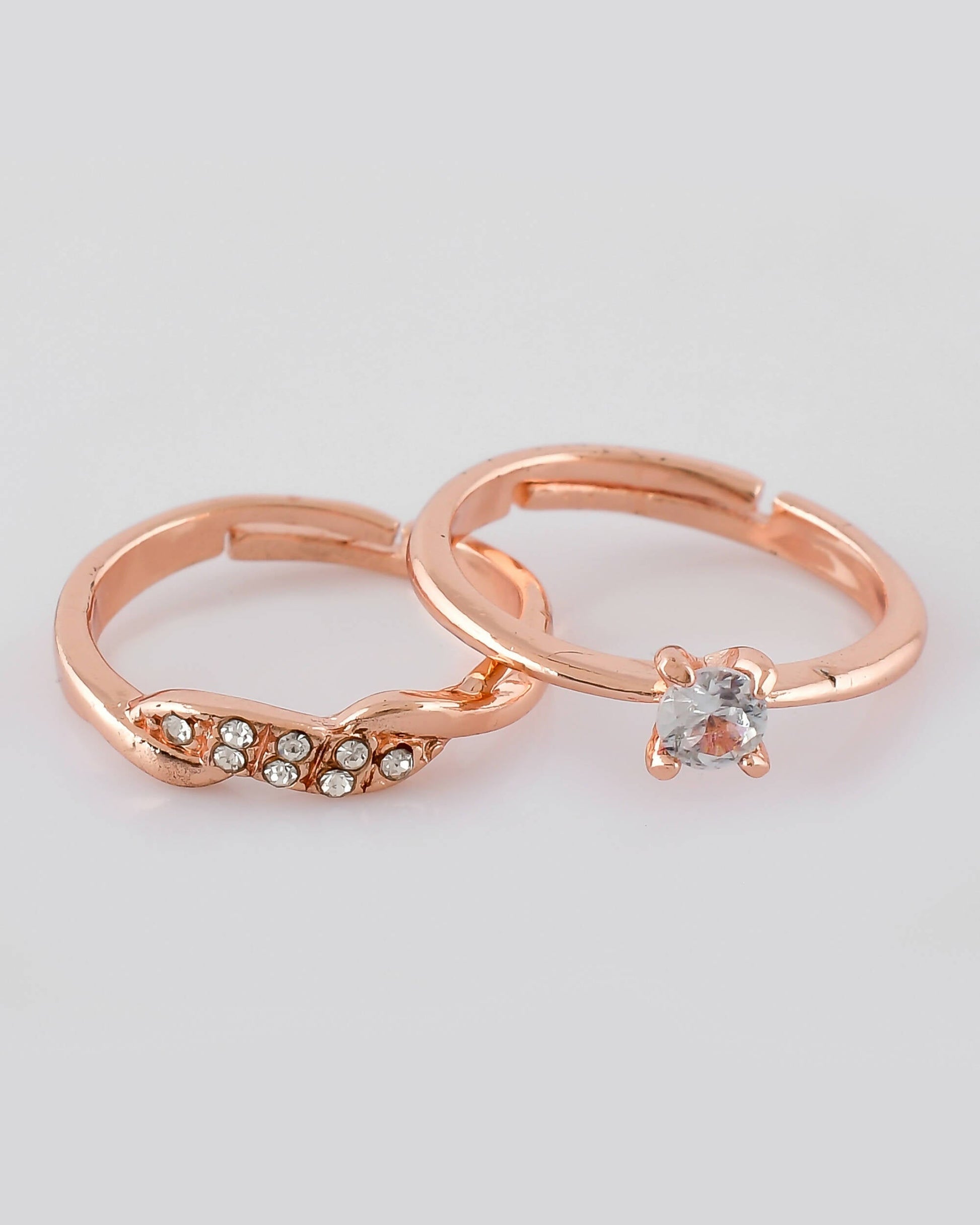 VOJ Stainless Steel Cubic Zirconia Rose Gold-Polished Adjustable Ring Set for Couple 