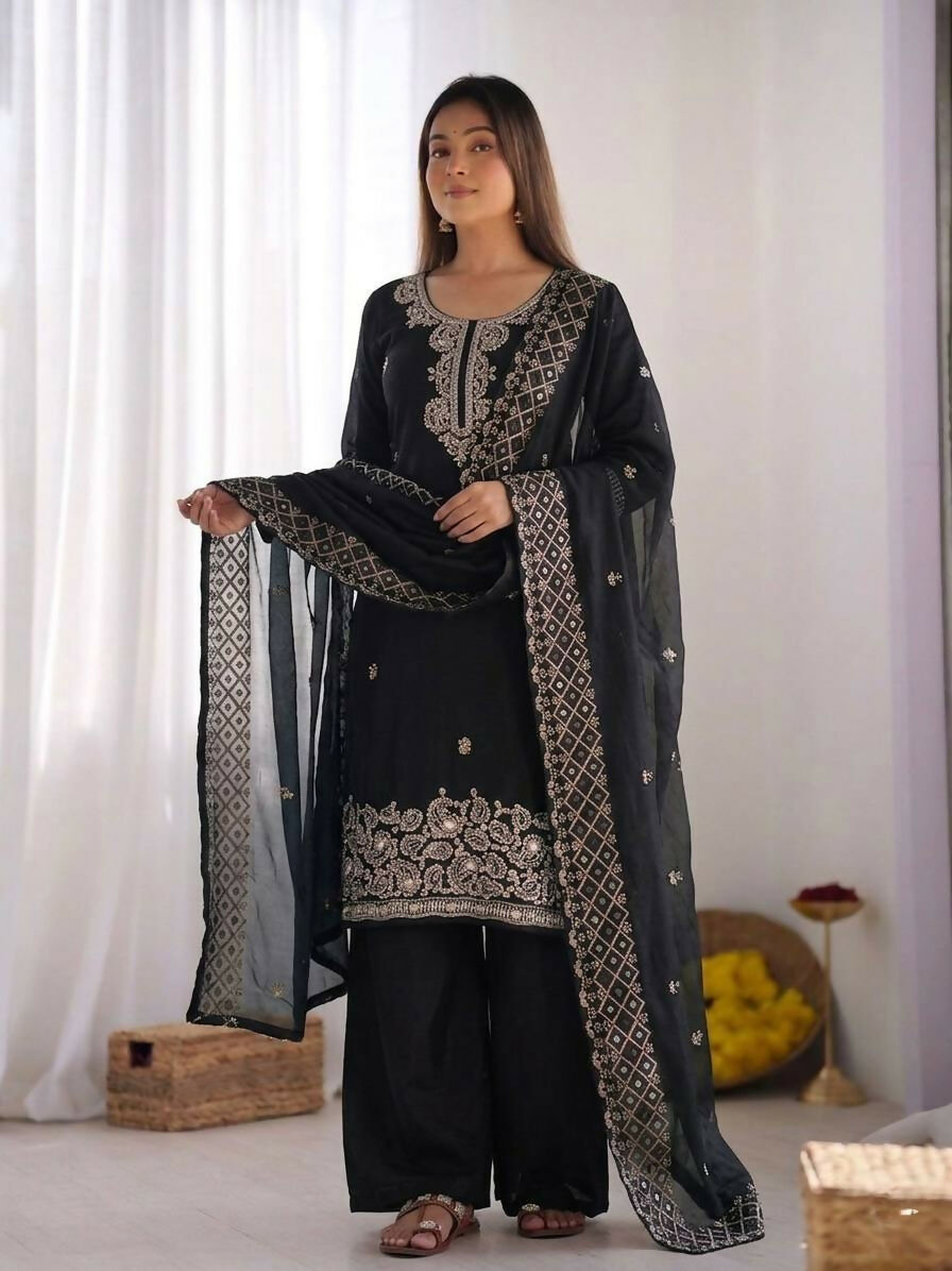 Teeya Creation Womens New Trendy Stylish Embroidery Beads Work Palazzo Kurta Set -Black