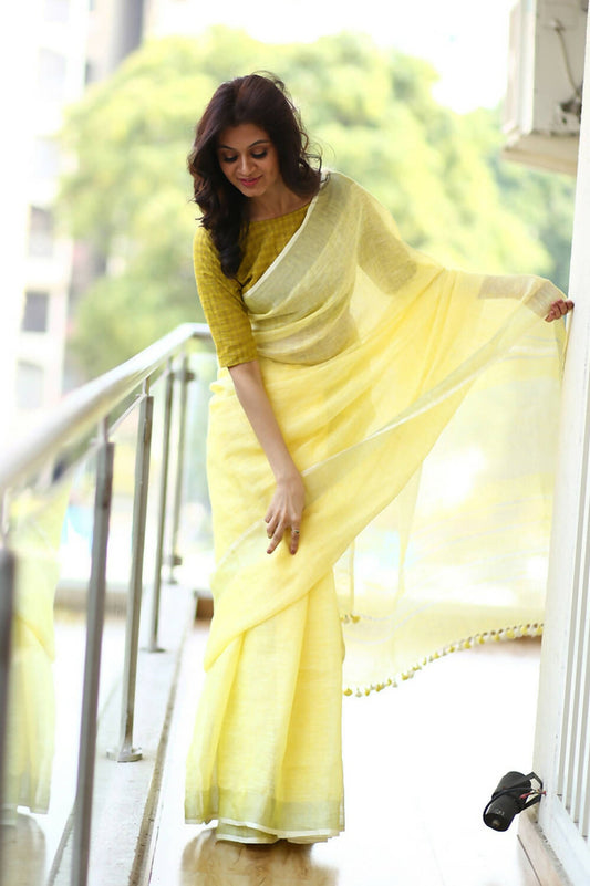 Very Much Indian Pure Linen Saree With Sleek Border And Exclusive Design - Light Yellow - Grab2buy