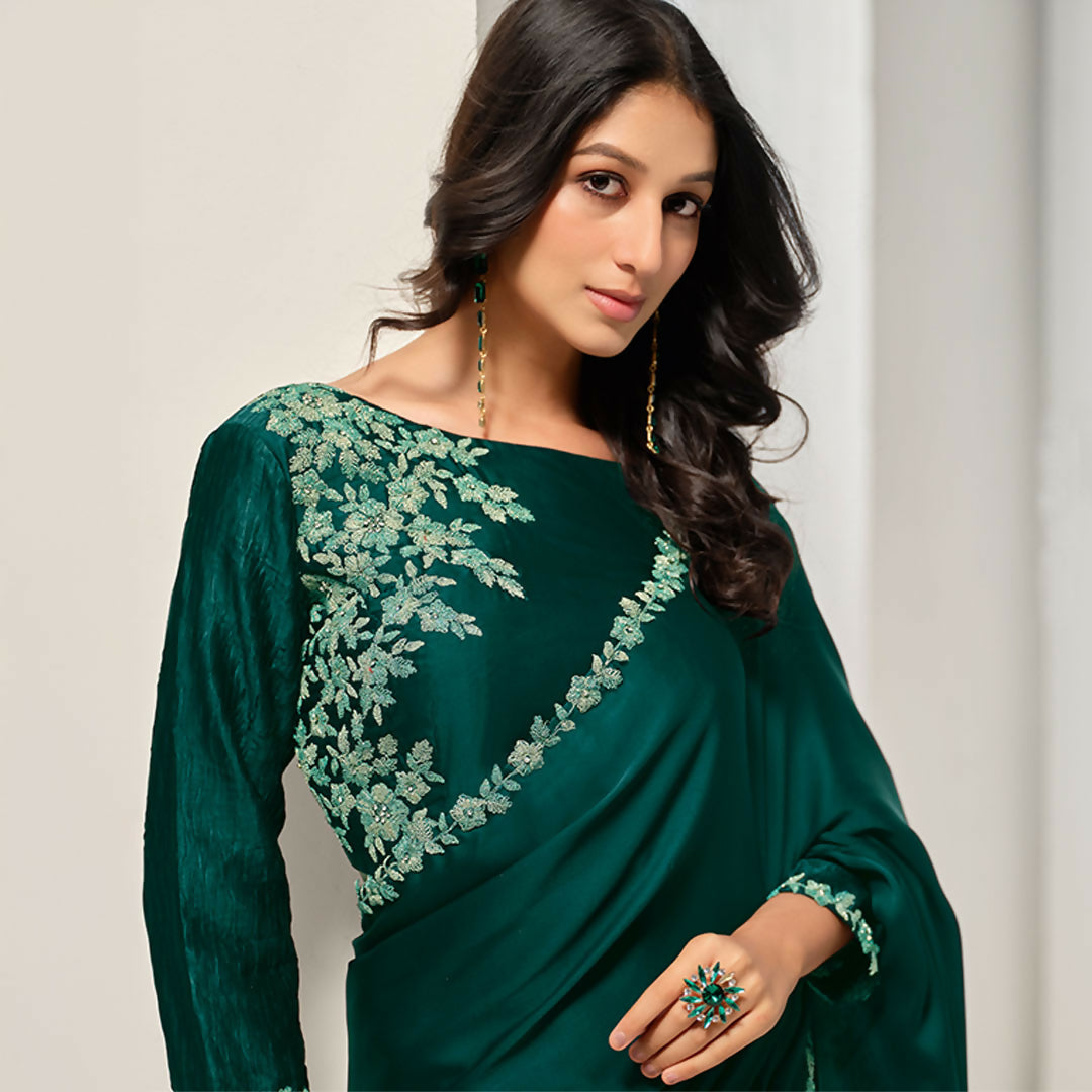 Green Crepe Satin Silk Handwork Saree With Unstitched Blouse - Norita Saanjh