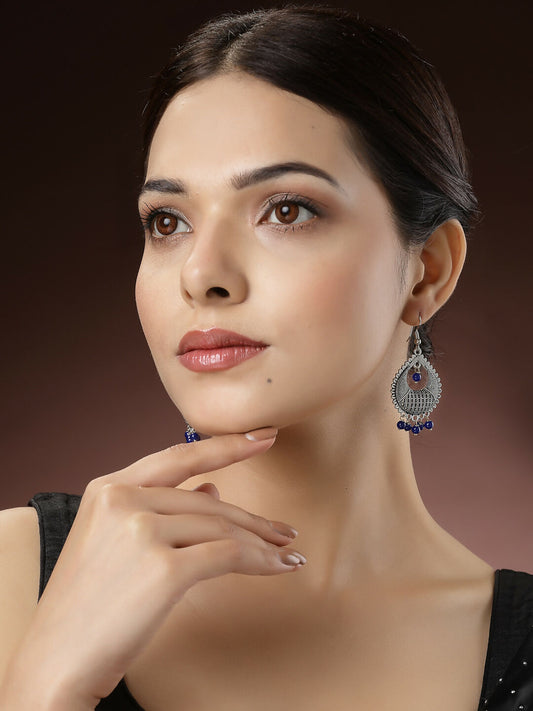 NVR Women's Silver-Plated Artificial Beads German Silver Oxidised Chandbali Earrings - Grab2buy