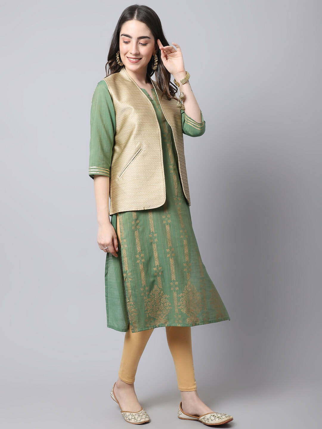 Even Apparels Beige Bansari Silk Open Front Gillet