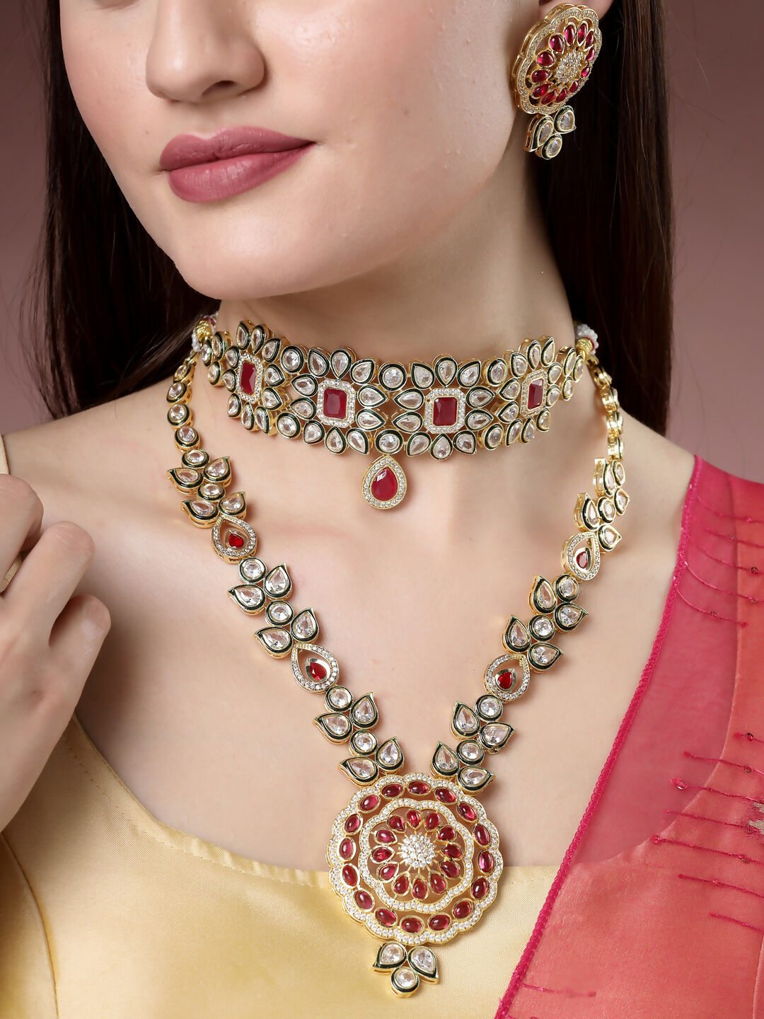 NVR Women's Set of 2 Red & Gold Kundan Studded Jewellery Set Choker & Long Necklace With Earrings | Grab2Buy